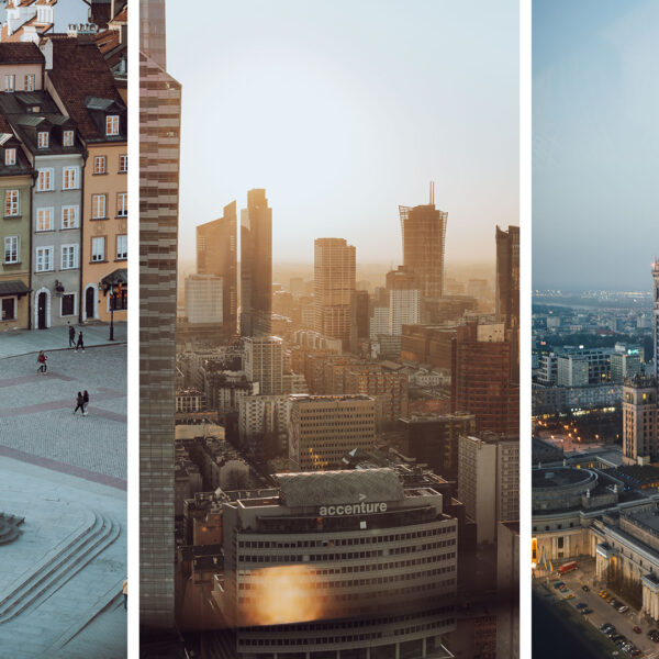 Three vertical photos in one picture, taken from the 3 best viewpoints in Warsaw, Poland. The left photo shows the view from the bell tower of St. Anne's Church and includes a view of the Sigismund's Column with Old Town houses behind it. The middle photo shows Warsaw skyscrapers showered in golden light during sunset, taken from the observation platform of the Palace of Culture and Science. On the right, we see the Palace of Culture and Science itself in the evening light, as seen from the Panorama Sky Bar in the Marriott Hotel.