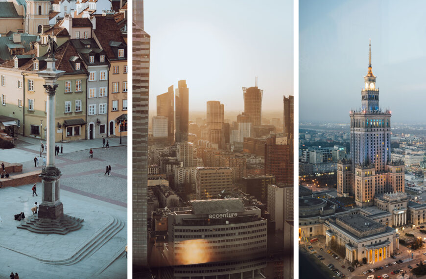 Three vertical photos in one picture, taken from the 3 best viewpoints in Warsaw, Poland. The left photo shows the view from the bell tower of St. Anne's Church and includes a view of the Sigismund's Column with Old Town houses behind it. The middle photo shows Warsaw skyscrapers showered in golden light during sunset, taken from the observation platform of the Palace of Culture and Science. On the right, we see the Palace of Culture and Science itself in the evening light, as seen from the Panorama Sky Bar in the Marriott Hotel.